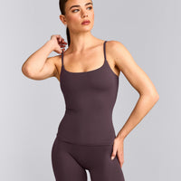 SoftMotion™ Strappy Vest with Built in Bra Shelf with Grey Logo | Dark Umber Brown