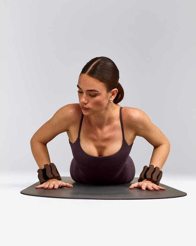 SoftMotion™ Strappy Vest with Built in Bra Shelf with Grey Logo | Dark Umber Brown