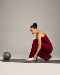 SoftMotion™ Strappy Vest with Built in Bra Shelf with Grey Logo | Ruby Red