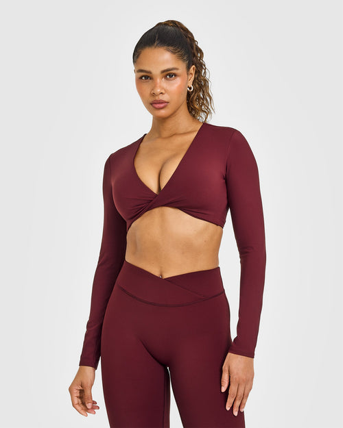 Oner Modal Unified Twist Front Long Sleeve Crop Top White Logo | Rosewood