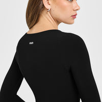 SoftMotion™ Scoop Neck Long Sleeve Top with Built in Bra Shelf with White Logo | Black