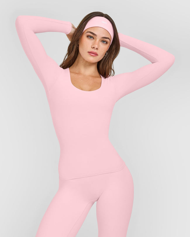 SoftMotion™ Scoop Neck Long Sleeve Top with Built in Bra Shelf with White Logo | Cherry Blossom Pink