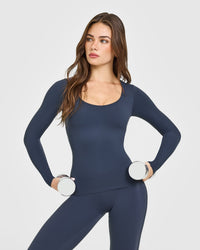 SoftMotion™ Scoop Neck Long Sleeve Top with Built in Bra Shelf with White Logo | True Blue
