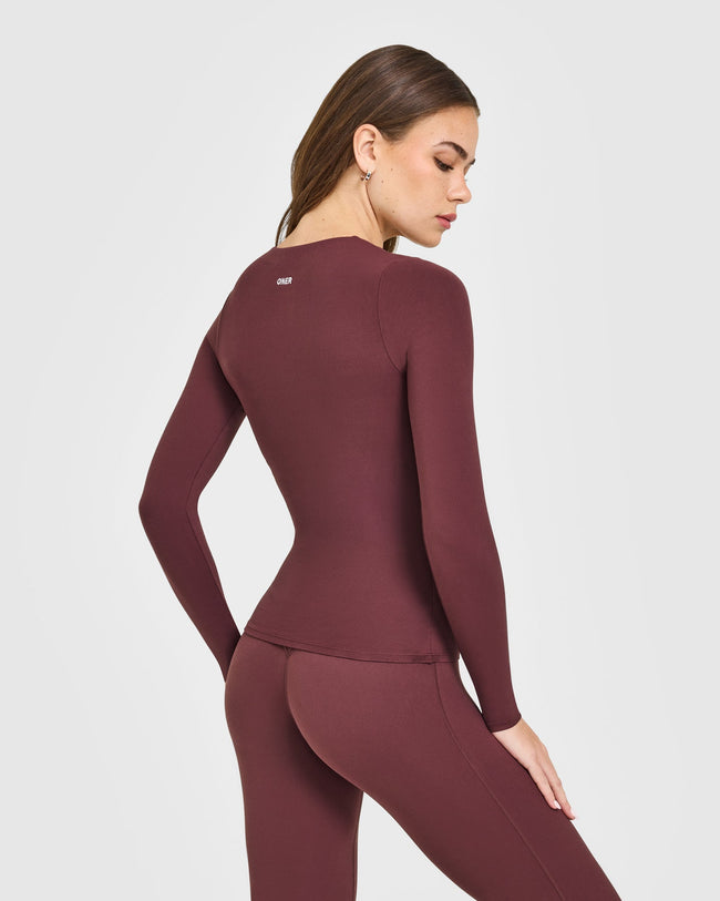 SoftMotion™ Scoop Neck Long Sleeve Top with Built in Bra Shelf with White Logo | Velvet Mocha