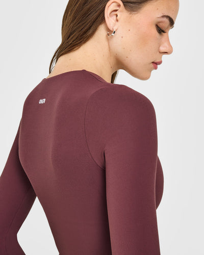 SoftMotion™ Scoop Neck Long Sleeve Top with Built in Bra Shelf with White Logo | Velvet Mocha