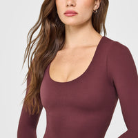 SoftMotion™ Scoop Neck Long Sleeve Top with Built in Bra Shelf with White Logo | Velvet Mocha
