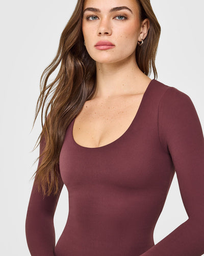 SoftMotion™ Scoop Neck Long Sleeve Top with Built in Bra Shelf with White Logo | Velvet Mocha