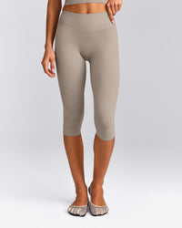 SoftMotion™ High Waisted Capri Leggings with White Logo | Warm Sand
