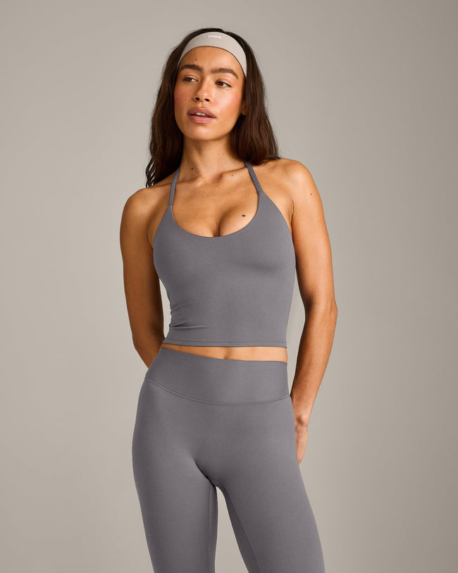 SoftMotion™ Strappy Halter Neck Mid Vest with Built in Bra Shelf with Grey Logo | Ash Grey
