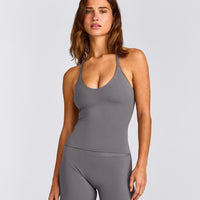SoftMotion™ Strappy Halter Neck Vest with Built in Bra Shelf with Grey Logo | Ash Grey