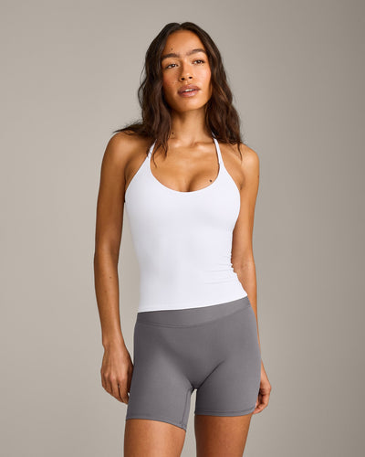 SoftMotion™ Strappy Halter Neck Vest with Built in Bra Shelf with Grey Logo | White