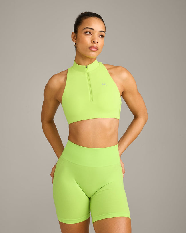 EasyLift™ Zip High Neck Sports Bra with Grey Logo | Citrus Green