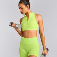 EasyLift™ Zip High Neck Sports Bra with Grey Logo | Citrus Green
