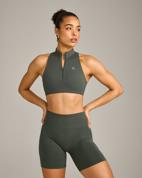 Oner Modal EasyLift™ Zip High Neck Sports Bra with Grey Logo | Dark Khaki