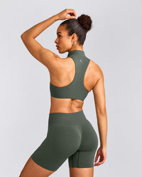 EasyLift™ Zip High Neck Sports Bra with Grey Logo | Dark Khaki