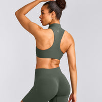 EasyLift™ Zip High Neck Sports Bra with Grey Logo | Dark Khaki