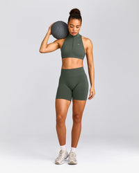 EasyLift™ Zip High Neck Sports Bra with Grey Logo | Dark Khaki