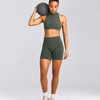 EasyLift™ Zip High Neck Sports Bra with Grey Logo | Dark Khaki