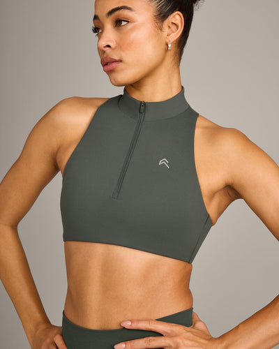 EasyLift™ Zip High Neck Sports Bra with Grey Logo | Dark Khaki