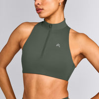 EasyLift™ Zip High Neck Sports Bra with Grey Logo | Dark Khaki