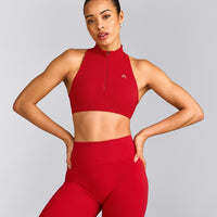 EasyLift™ Zip High Neck Sports Bra with Grey Logo | Fiery Red