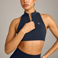 EasyLift™ Zip High Neck Sports Bra with Grey Logo | True Blue