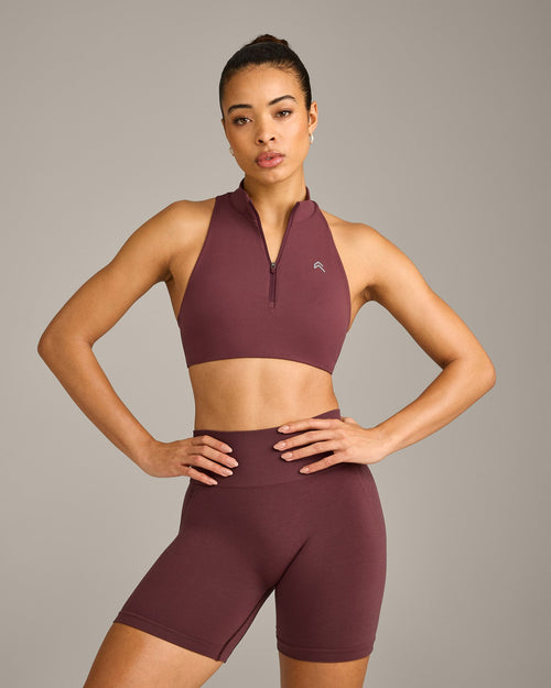 Oner Modal EasyLift™ Zip High Neck Sports Bra with Grey Logo | Velvet Mocha