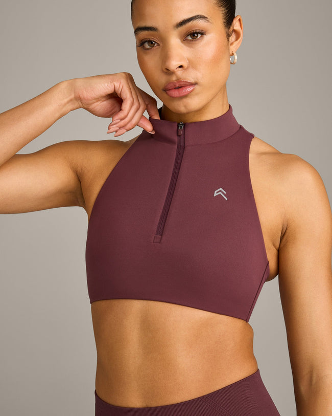 EasyLift™ Zip High Neck Sports Bra with Grey Logo | Velvet Mocha