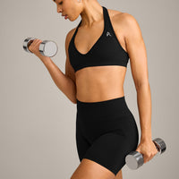 EffortlessLift™ Seamless Halter Neck Sports Bra with Grey Logo | Black