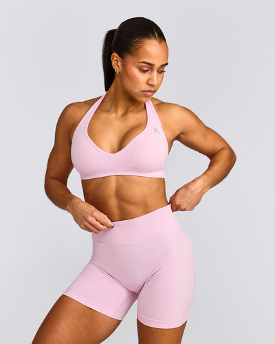 EffortlessLift™ Seamless Halter Neck Sports Bra with Grey Logo | Chalk Pink