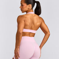 EffortlessLift™ Seamless Halter Neck Sports Bra with Grey Logo | Chalk Pink