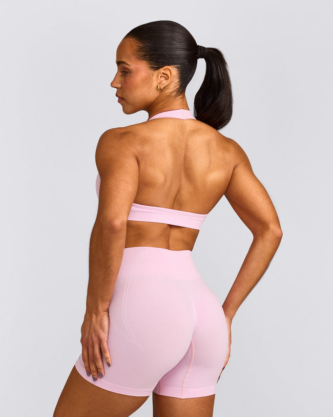 EffortlessLift™ Seamless Halter Neck Sports Bra with Grey Logo | Chalk Pink