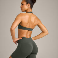 EffortlessLift™ Seamless Halter Neck Sports Bra with Grey Logo | Dark Khaki