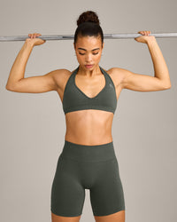 EffortlessLift™ Seamless Halter Neck Sports Bra with Grey Logo | Dark Khaki