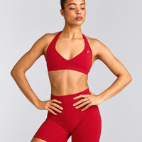 EffortlessLift™ Seamless Halter Neck Sports Bra with Grey Logo | Fiery Red