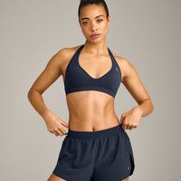 EffortlessLift™ Seamless Halter Neck Sports Bra with Grey Logo | True Blue