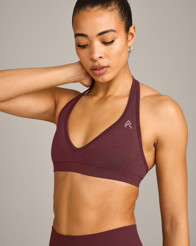 EffortlessLift™ Seamless Halter Neck Sports Bra with Grey Logo | Velvet Mocha