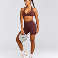 EffortlessLift™ Seamless Mid Rise Shorts with Grey Logo | Velvet Mocha
