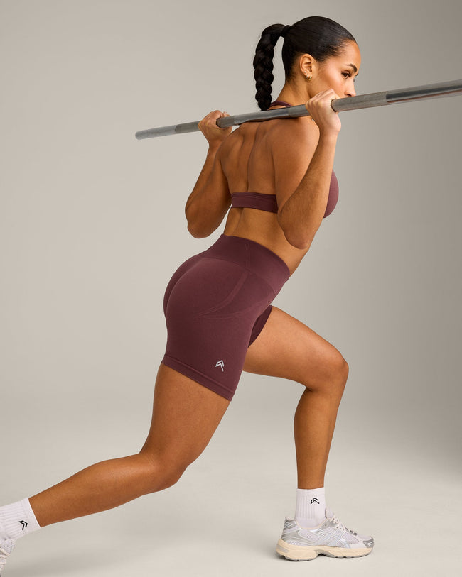 EffortlessLift™ Seamless Mid Rise Shorts with Grey Logo | Velvet Mocha