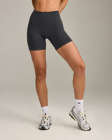 SoftMotion™ High Waisted Shorts 6" with Grey Logo | Coal