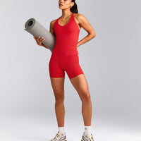 SoftMotion™ High Waisted Shorts 6" with Grey Logo | Fiery Red