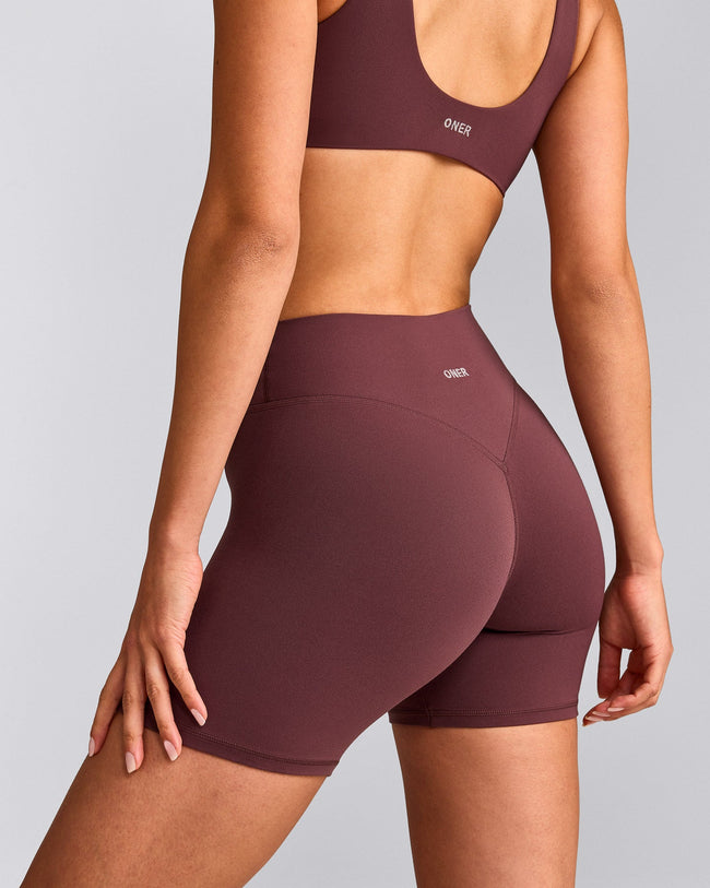 SoftMotion™ High Waisted Shorts 6" with Grey Logo | Velvet Mocha