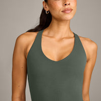 SoftMotion™ Racer Back Mid Vest with Built in Bra Shelf with Grey Logo | Dark Khaki