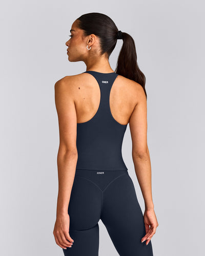 SoftMotion™ Racer Back Mid Vest with Built in Bra Shelf with Grey Logo | True Blue