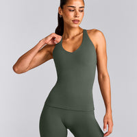 SoftMotion™ Racer Back Vest with Built in Bra Shelf with Grey Logo | Dark Khaki