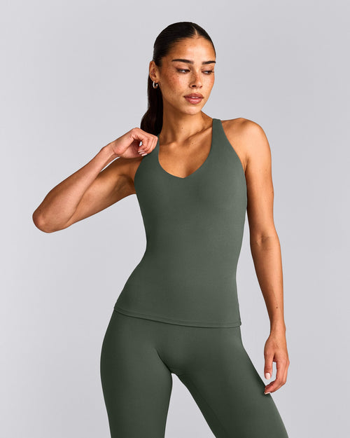 SoftMotion™ Racer Back Vest with Built in Bra Shelf with Grey Logo | Dark Khaki