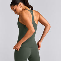 SoftMotion™ Racer Back Vest with Built in Bra Shelf with Grey Logo | Dark Khaki