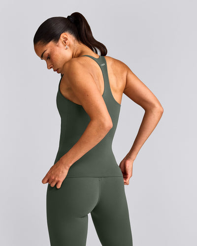 SoftMotion™ Racer Back Vest with Built in Bra Shelf with Grey Logo | Dark Khaki