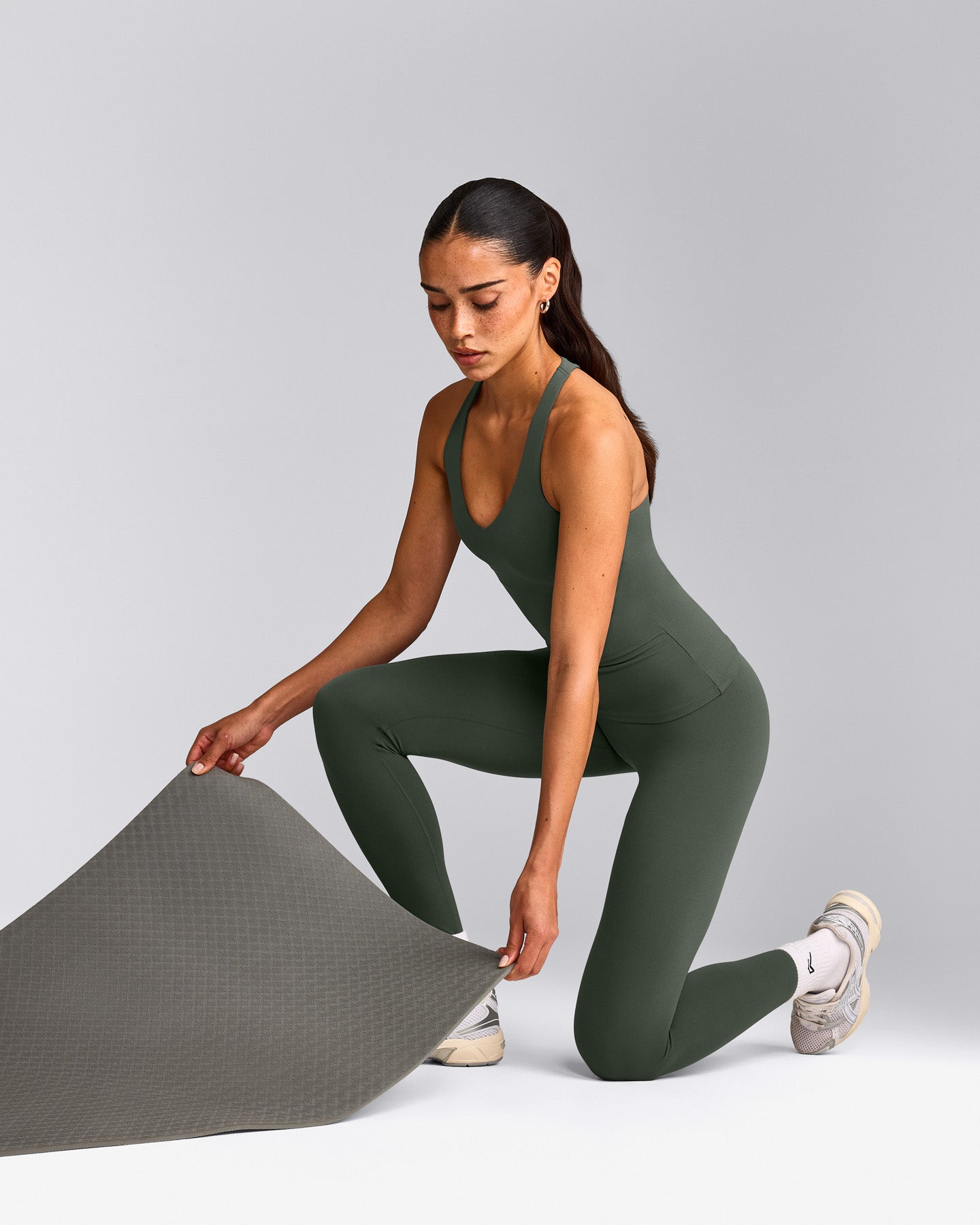 SoftMotion™ Racer Back Vest with Built in Bra Shelf with Grey Logo | Dark Khaki
