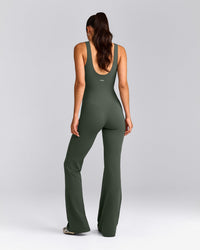 SoftMotion™ Scoop Back Flared All In One Long with Grey Logo | Dark Khaki